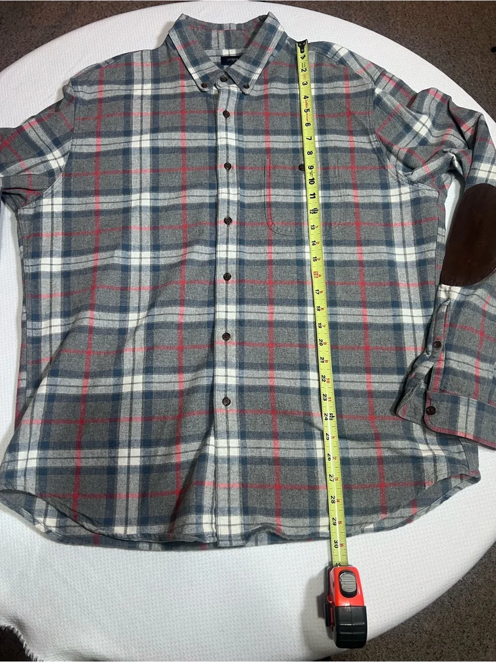 J. Crew Men's Gray Plaid Button-Up 100% Cotton Shirt with Brown Elbow Patches XL